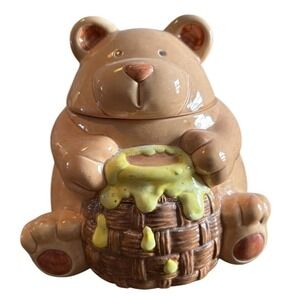 Russ Berrie Ceramic Bear Honey Pot Cookie Jar Vintage Brown Bear Canister 15157